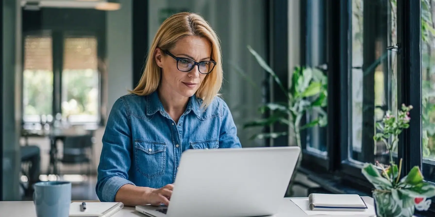 Kvinne som jobber med Microsoft Copilot på kontoret
